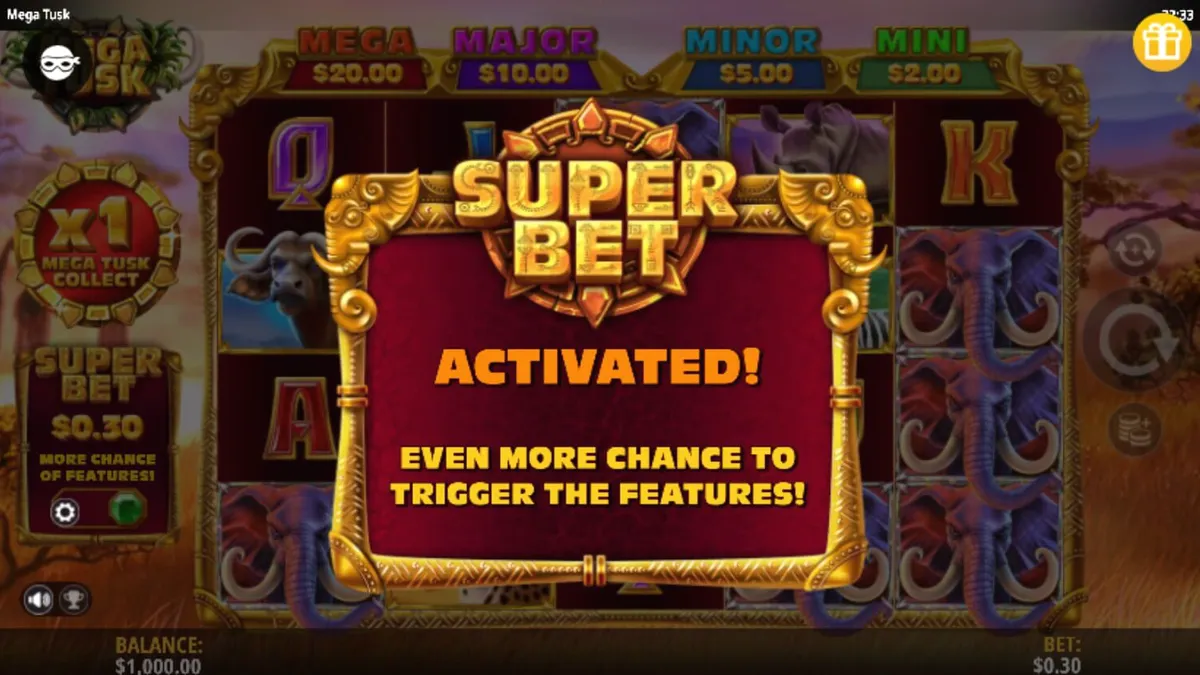 Pemandangan savana Afrika dengan simbol gajah dan fitur Mega Tusk pada slot IGT