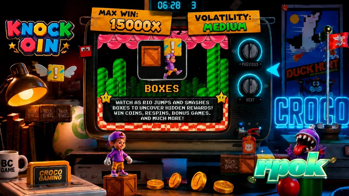 Tampilan visual retro 8-bit dari slot KNOCKOIN dengan karakter Rio si pemain skateboard.